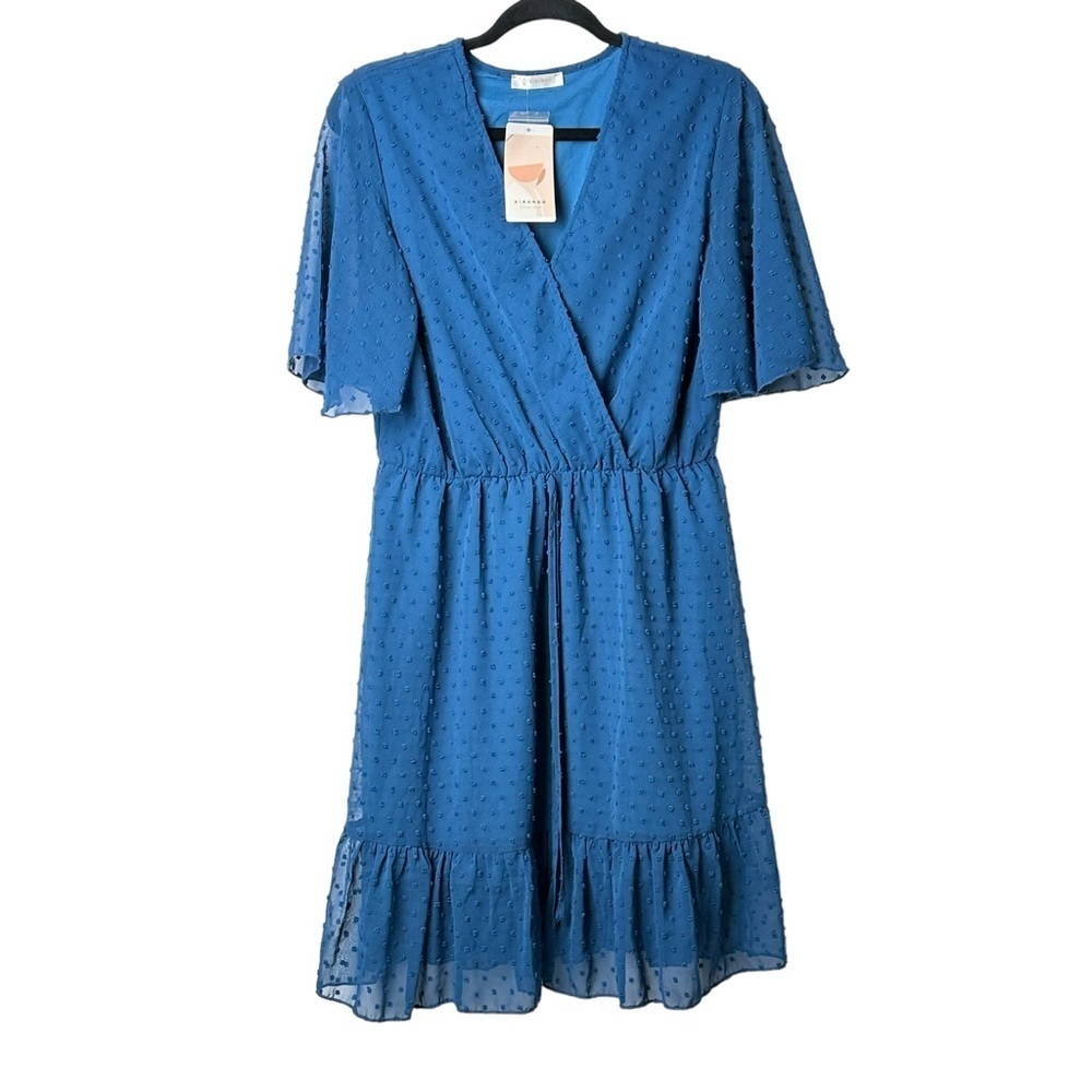 Kirundo Size Medium Flutter Sleeve Faux Wrap Dress Swiss Dots Wedding Guest Blue